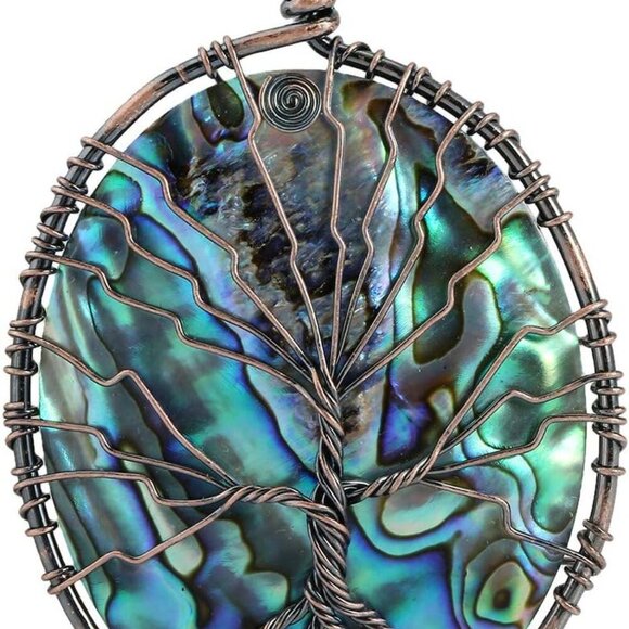 Abalone Shell Stone Pendant Necklace,Oval Wire Wrapped Jewelry - Picture 1 of 7